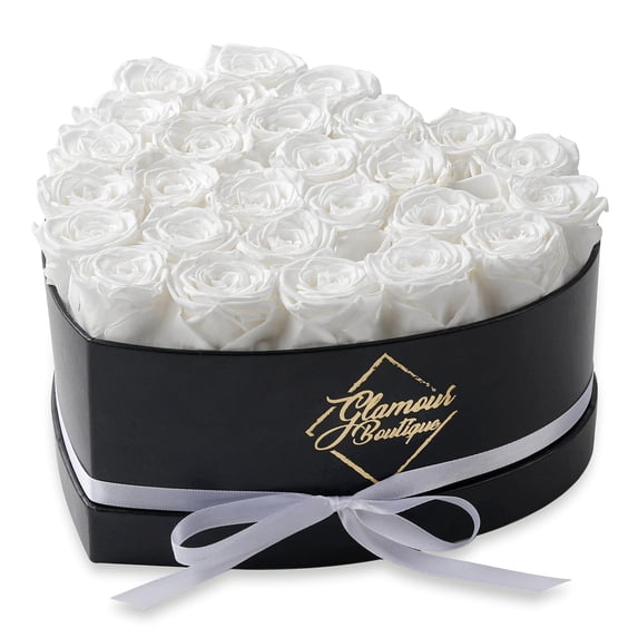 GLAMOUR BOUTIQUE 27-Piece Forever Flowers Heart Shape Box - Preserved Roses, Immortal Roses That Last A Year - Eternal Rose Preserved Flowers for Delivery Prime Mothers Day & Valentines Day - White