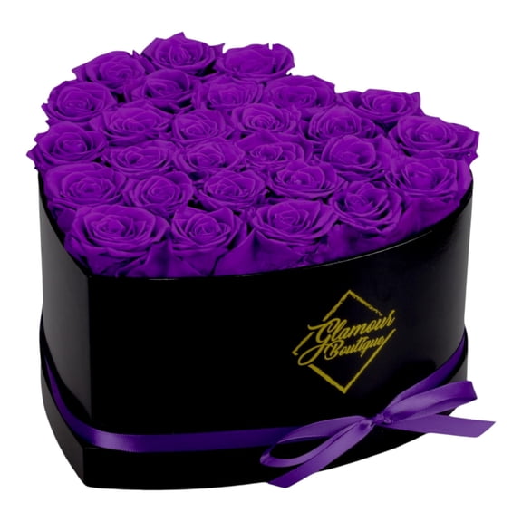 GLAMOUR BOUTIQUE 27-Piece Forever Flowers Heart Shape Box - Preserved Roses, Immortal Roses That Last A Year - Eternal Rose Preserved Flowers for Delivery Prime Mothers Day & Valentines Day - Purple