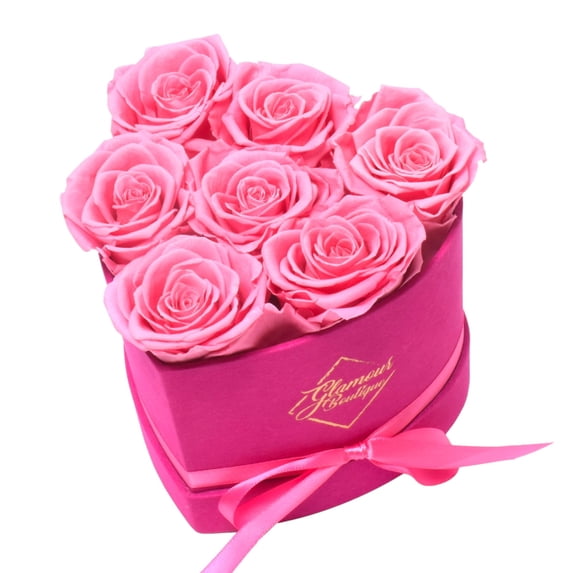 GLAMOUR BOUTIQUE 7-Piece Forever Flowers Heart Shape Box - Preserved Roses, Immortal Roses That Last A Year - Eternal Rose Preserved Flowers for Delivery Mothers Day & Valentines Day - Velvet Pink