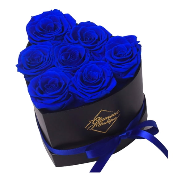 GLAMOUR BOUTIQUE 7-Piece Forever Flowers Heart Shape Box - Preserved Roses, Immortal Roses That Last A Year - Eternal Rose Preserved Flowers for Delivery Mothers Day & Valentines Day - Blue