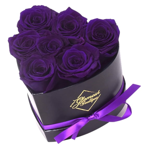 GLAMOUR BOUTIQUE 7-Piece Forever Flowers Heart Shape Box - Preserved Roses, Immortal Roses That Last A Year - Eternal Rose Preserved Flowers for Delivery Prime Mothers Day & Valentines Day - Purple