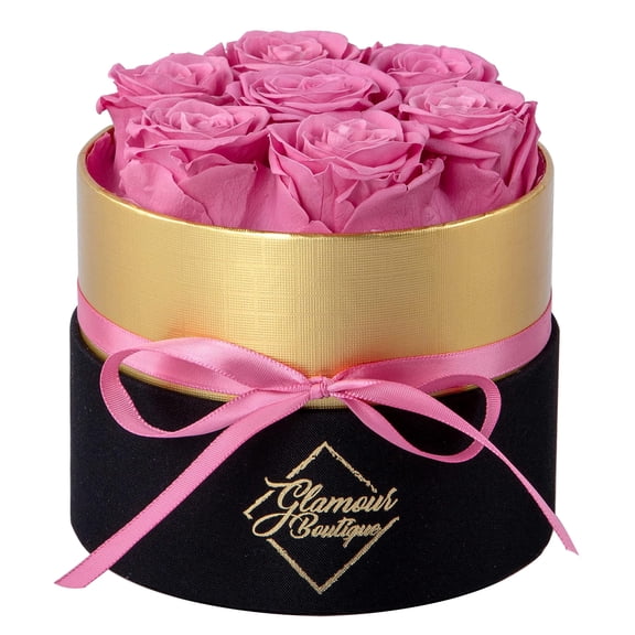 GLAMOUR BOUTIQUE 7-Piece Forever Flowers Round Box - Preserved Roses, Immortal Roses That Last A Year - Eternal Rose Preserved Flowers for Delivery Prime Mothers Day & Valentines Day - Pink