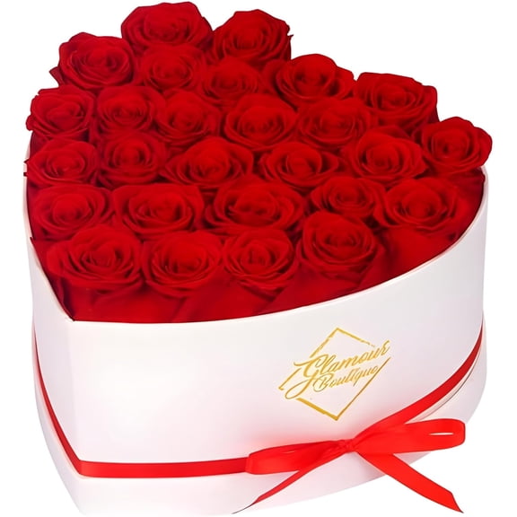 GLAMOUR BOUTIQUE Preserved Roses in a Box - Gifts for Her, Wife & Mom, Rose Flowers Forever Decor for Birthday Gift, Get Well Flower Bouquet Cased in White Box with Cover - Red - 27-Piece
