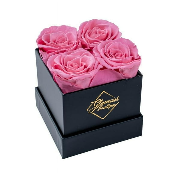 GLAMOUR BOUTIQUE Preserved Roses in a Box - Valentines Day Gifts for Her & Mom, 4 Roses Flowers Decor for Birthday Gift, Cased in A Square Gift Box with Lid, 4” x4” x5 - Pink