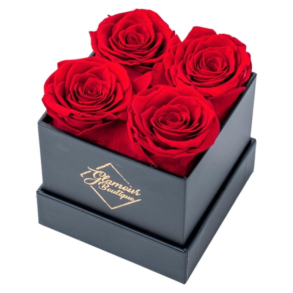 GLAMOUR BOUTIQUE Preserved Roses in a Box - Valentines Day Gifts for Her & Mom, 4 Roses Flowers Decor for Birthday Gift, Cased in A Square Gift Box with Lid, 4” x4” x5 - Red