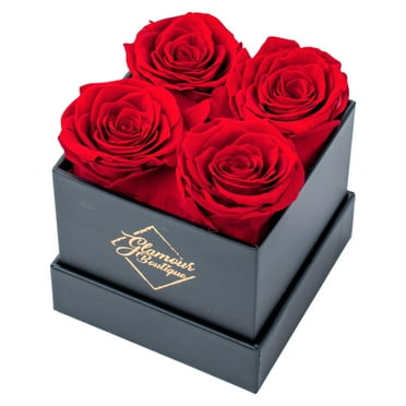 GLAMOUR BOUTIQUE Preserved Roses in a Box - Valentines Day Gifts for Her & Mom, 4 Roses Flowers Decor for Birthday Gift, Cased in A Square Gift Box with Lid, 4” x4” x5 - Red