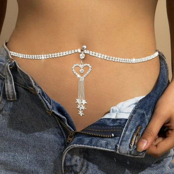 GLAMing Boho Heart Dangle Rhinestone Piercing Navel Chain Belly Button Ring with Waist Chain Women Navel Piercing Body Jewelry (Gold-color)