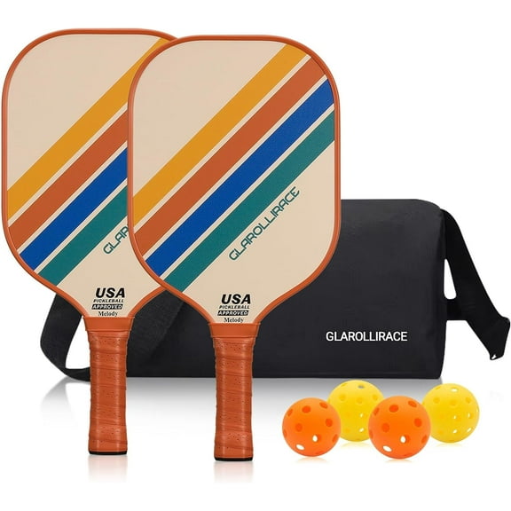 GLAROLLIRACE Pickleball Paddles Set of 2, 2 Fiberglass Rackets with 2 Indoor/2 Outdoor Balls, 1 Bag