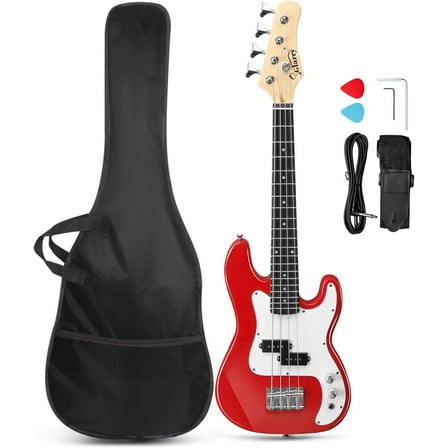GLARRY 36in Electric Bass Guitar, 4 String Beginner Starter Kit with Accessories including Cable, Strap, Bag for Adults (Red)