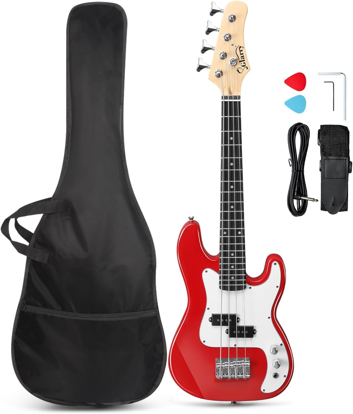 GLARRY 36in Electric Bass Guitar, 4 String Beginner Starter Kit with Accessories including Cable, Strap, Bag for Kids and Adults (Red)