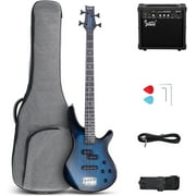 GLARRY 4 String Electric Bass Guitar Beginner Kit, GIB Series Full Size Solid Body Bass Guitar with 20W AMP, Gig Bag Backpack and Accessories (Dark Blue)