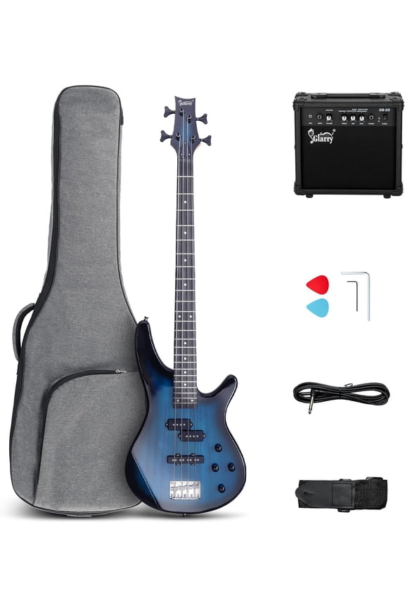 4 String Electric Bass Guitar Beginner Kit, GIB Series Full Size Solid Body Bass Guitar with 20W AMP, Gig Bag Backpack and Accessories (Dark Blue)