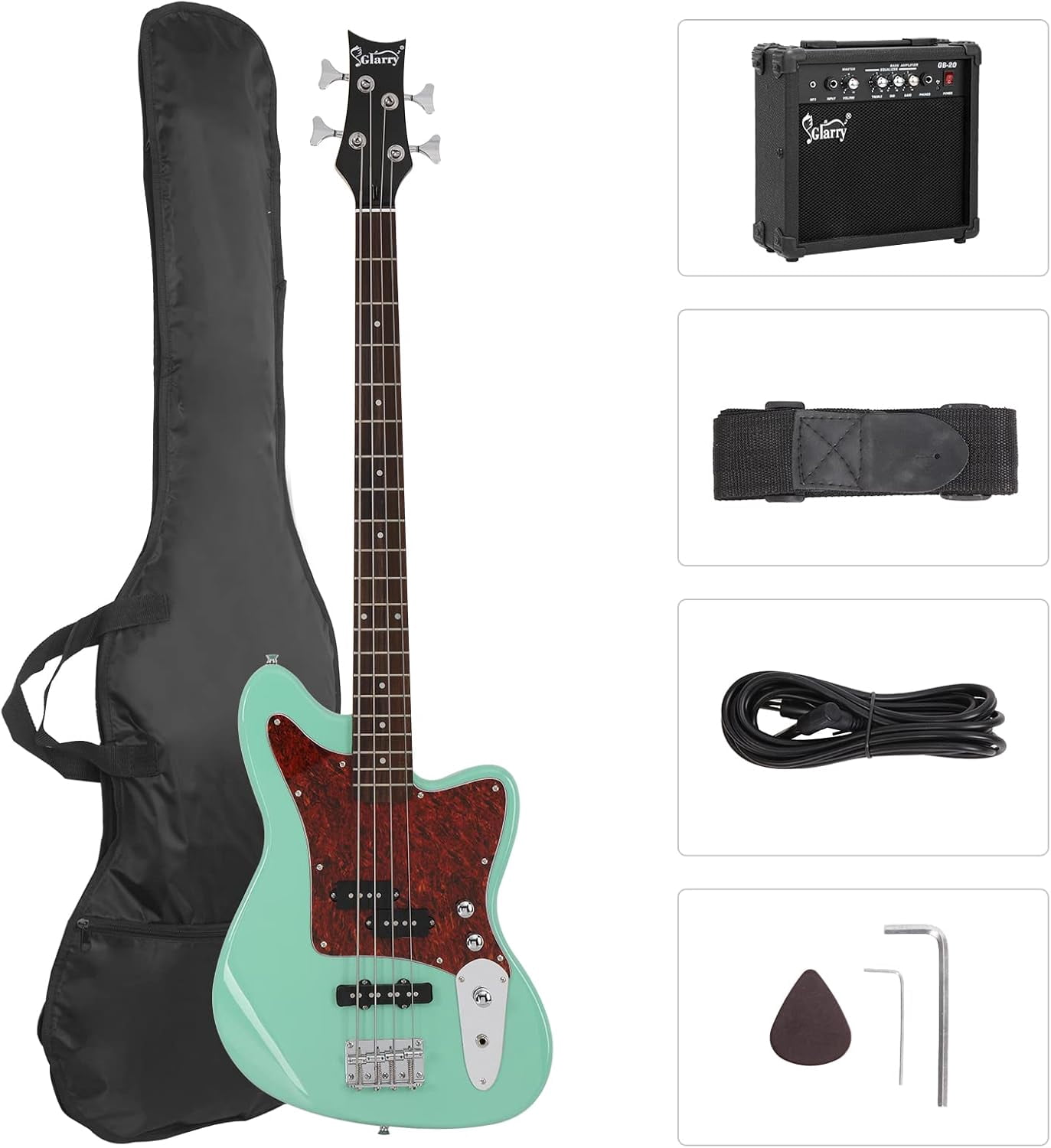 GLARRY 4 String Electric Bass Guitar Beginner Kit w/20w Amp, Red Pearl Guard Full Size Bass with Digital Tuner,Amp Cable, Strap, Bag and Accessories(Mint Green)
