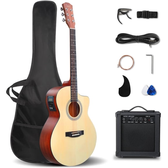 GLARRY 41in Full Size Acoustic Electric Guitar Beginner Kit with 15W Amp, 5-band EQ Dreadnought Design 6 Strings Electric Acoustic Guitar with Bag, Strap, Picks, Strings, Wrench (Black)