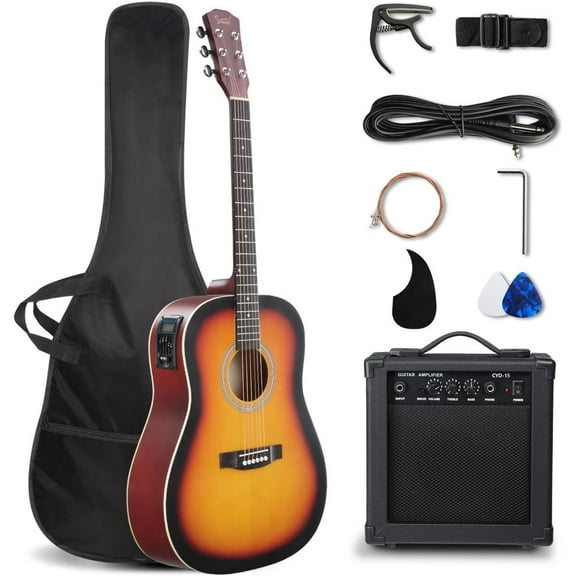 GLARRY 41in Full Size Acoustic Electric Guitar Beginner Kit with 15W Amp, 5-band EQ Dreadnought Design 6 Strings Electric Acoustic Guitar with Bag, Strap, Picks, Strings, Wrench, Sunset Color