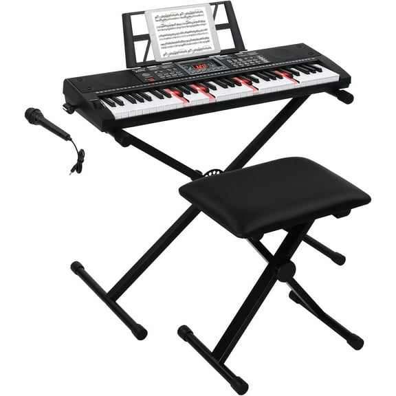 GLARRY 61-Key Portable Electronic Keyboard Piano set w/LCD Screen, Stand, Microphone, Headphones, Stand, Bench, Teaching Modes, Built-In Speakers