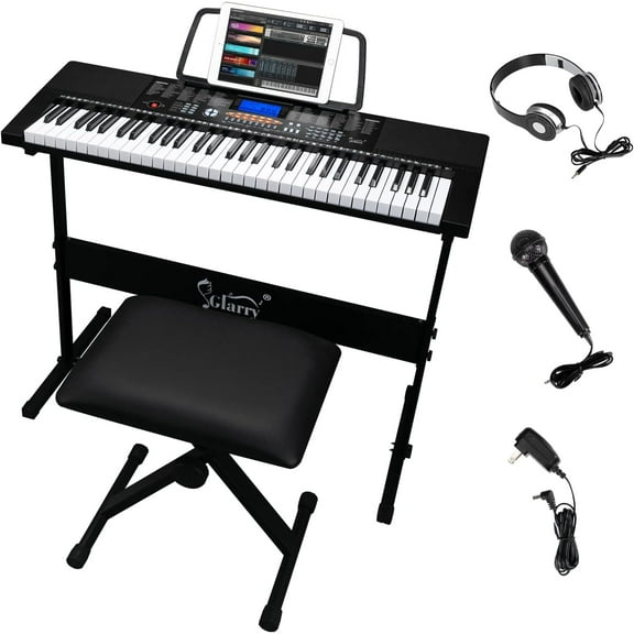 GLARRY 61-Key Portable Electronic Keyboard Piano set w/LCD Screen, Stand, Microphone, Headphones, Stand, Bench, Teaching Modes, Built-In Speakers