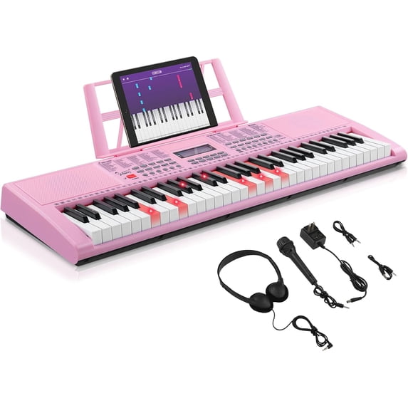 GLARRY 61-Key Portable Electronic Piano Keyboard for Beginner w/Lighted Keys, LCD Screen, Microphone, Headphones, 3 Teaching Modes, Built-In Speakers