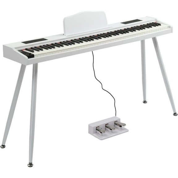 GLARRY Digital Piano Keyboard with Stand, Portable 88 keys Semi-Weighted Electric Piano with Pedal for Beginner, Bluetooth, Triple Pedals, Power Supply, 2 Speakers (White)