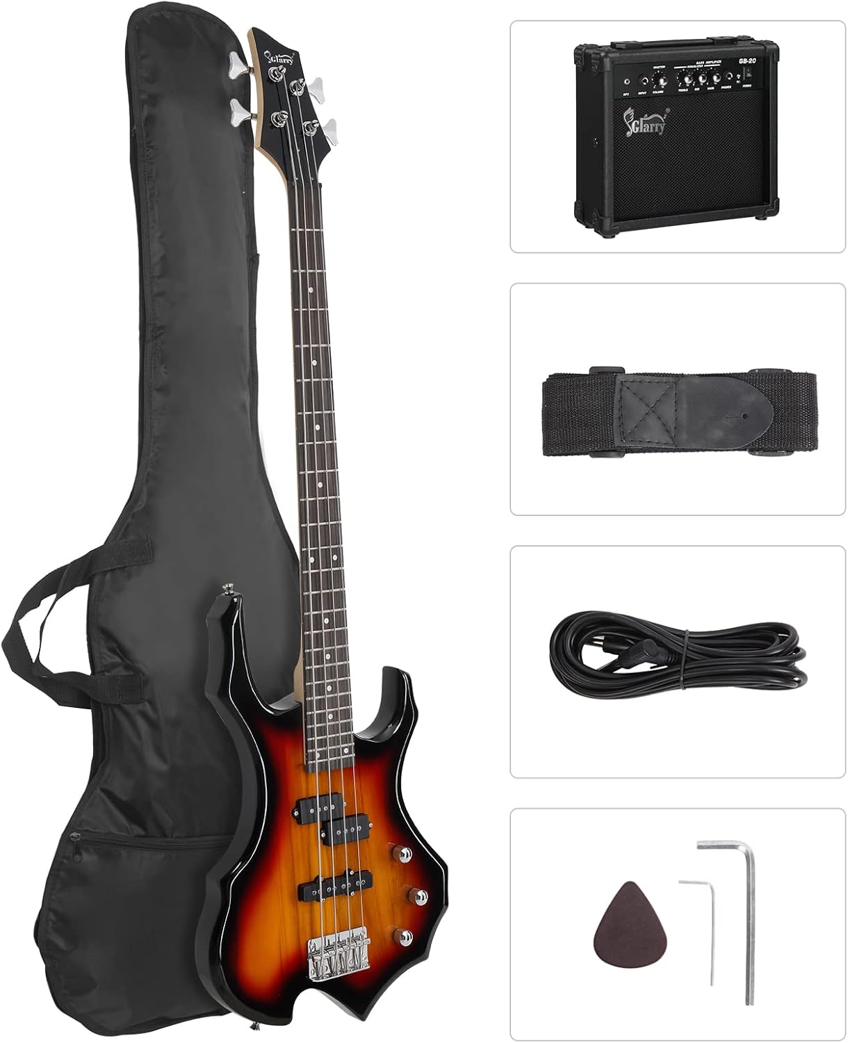 GLARRY Electric Bass Guitar 4 Strings Buring Fire Style Single Coil - Split Single Coil Pickups for Beginner Adults Right Hand w/ 20W Amp, Bag, Strap and Cord (Black)