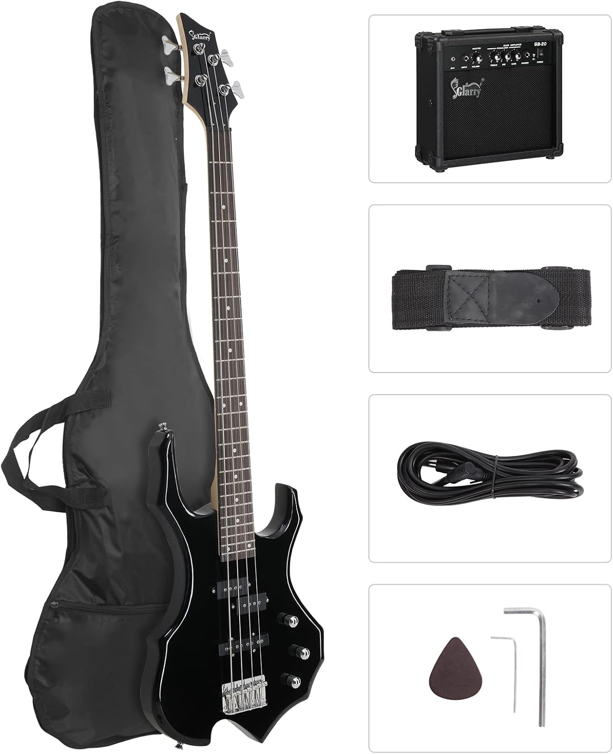 GLARRY Electric Bass Guitar 4 Strings Buring Fire Style Single Coil - Split Single Coil Pickups for Beginner Adults Right Hand w/ 20W Amp, Bag, Strap and Cord (Black)