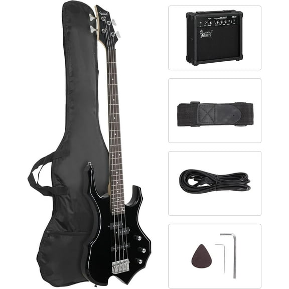 GLARRY Electric Bass Guitar 4 Strings Buring Fire Style Single Coil - Split Single Coil Pickups for Beginner Adults Right Hand w/ 20W Amp, Bag, Strap and Cord (Black)