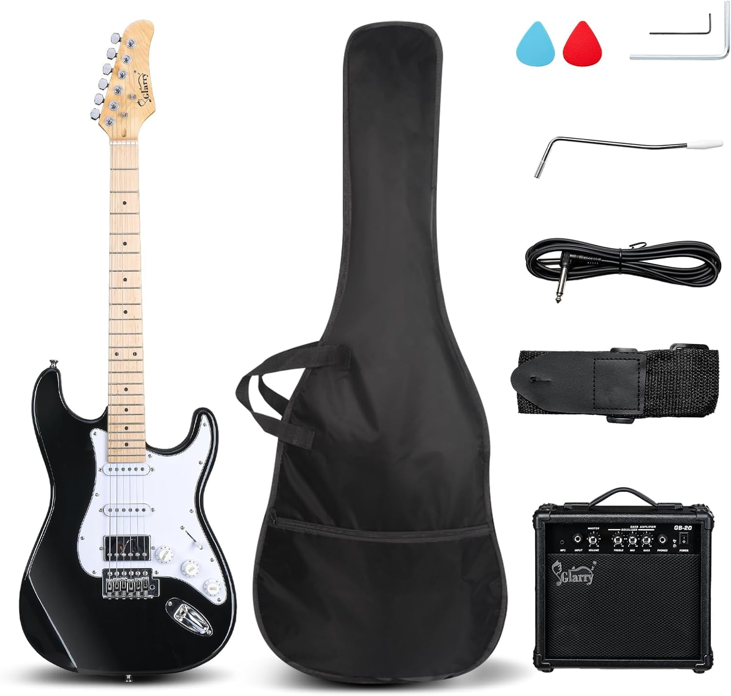 GLARRY Electric Guitar, 39" Full Size Electric Guitar Kit with HSS Pickup Coil Split for Beginner, 20W Amp and Accessories Pack Guitar Bag (Black)