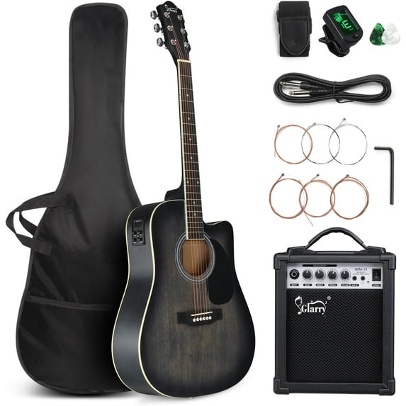 GLARRY Full Size 6 Strings Acoustic Electric Guitar Beginner Kit w/ 15W Amp, Cutaway 41 Inch Electric Acoustic Guitar w/Inbuilt Tuner, Bag, Strap, Picks, Strings, Basswood Guitarra, Distressed Green