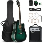 GLARRY Full Size 6 Strings Acoustic Electric Guitar Beginner Kit w/ 15W Amp, Cutaway 41 Inch Electric Acoustic Guitar w/Inbuilt Tuner, Bag, Strap, Picks, Strings, Basswood Guitarra, Distressed Green