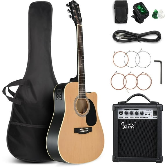 GLARRY Full Size 6 Strings Acoustic Electric Guitar Beginner Kit w/ 15W Amp, Cutaway 41 Inch Electric Acoustic Guitar w/Inbuilt Tuner, Bag, Strap, Picks, Strings, Basswood Guitarra, Distressed Green