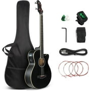 GLARRY Full Size Acoustic Electric Bass Guitar Beginner Kit, Cutaway 4 Strings Electric Acoustic Bass Guitar w/Inbuilt Tuner, Bag, Strap, Picks, Strings, Basswood Bass Guitarra, Matte Black