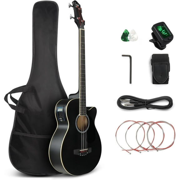 GLARRY Full Size Acoustic Electric Bass Guitar Beginner Kit, Cutaway 4 Strings Electric Acoustic Bass Guitar w/Inbuilt Tuner, Bag, Strap, Picks, Strings, Basswood Bass Guitarra, Matte Black