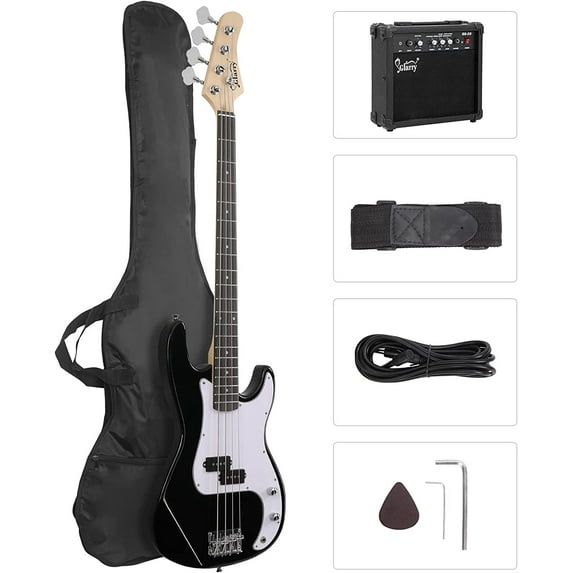 GLARRY Full Size Electric Bass Guitar Beginner Kit 4 String with AMP, Cable, Strap, Bag and Accessories (Black)