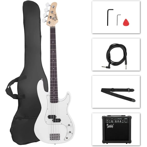 GLARRY Full Size Electric Bass Guitar Beginner Kit 4 String with AMP, Cable, Strap, Bag and Accessories (White)