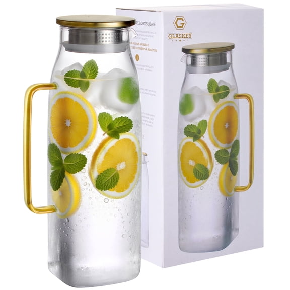 GLASKEY 74oz/2200ml Square Glass Pitcher with Lid and Handle for Fridge,Borosilicate Glass Carafe for Hot or Cold Drink, Large Jug for Iced Tea,Coffee,Juice,Homemade Beverage (Gold)