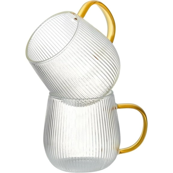 GLASKEY Borosilicate Glass Coffee Mugs Set of 2,12oz Glass Coffee Cups with Vertical Stripes Pattern,Clear Tea Cup for Tea,Coffee,Latte,Hot and Cold Beverage,Christmas Thanksgiving Gifts