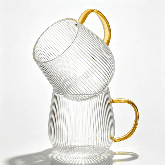 GLASKEY Borosilicate Glass Coffee Mugs Set of 2,12oz Glass Coffee Cups with Vertical Stripes Pattern,Clear Tea Cup for Tea,Coffee,Latte,Hot and Cold Beverage,Christmas Thanksgiving Gifts
