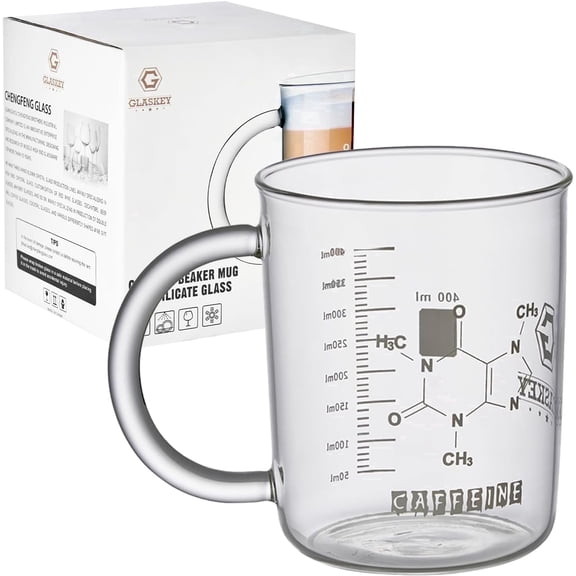 GLASKEY Caffeine Beaker Mug,16 oz Chemistry Coffee Mug,Borosilicate Glass,Novelty Chemistry Science Teacher Gifts for Women Men