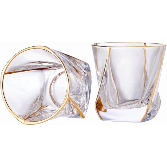 GLASKEY Crystal Whiskey Glasses Set of 2 with 24K Gold Rim,Bar Glasses,Twisted Whiskey Glass Gold Collection for Bourbon,Scotch and Wine,Rock Barware for Men Gift-8oz