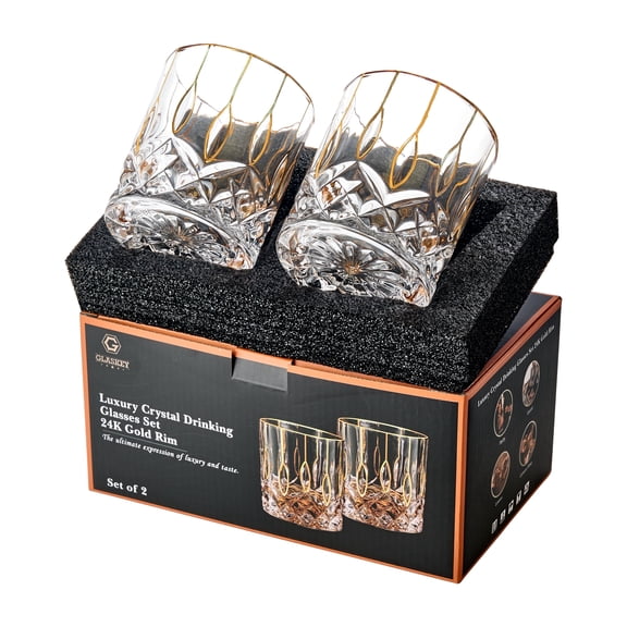 GLASKEY Gold Rim Whiskey Glasses Set of 2,Crystal Old Fashioned Glasses-Luxury Gold Collection,Perfect for Scotch Bourbon Rocks Cognac Vodka Gin Tequila Rum Liquor,Whiskey Gifts for Men