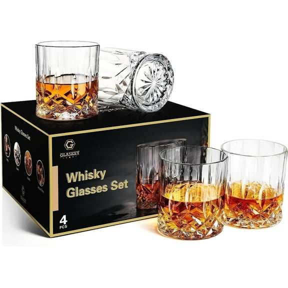 GLASKEY Whiskey Glasses Set of 4,Rock Glasses,11 oz Lead-Free Crystal Bourbon Glass,Old Fashioned Glass for Bourbon,Cognac,Irish Whisky,Personalised Whisky Glass Gift Set for Men,Dad,Brother