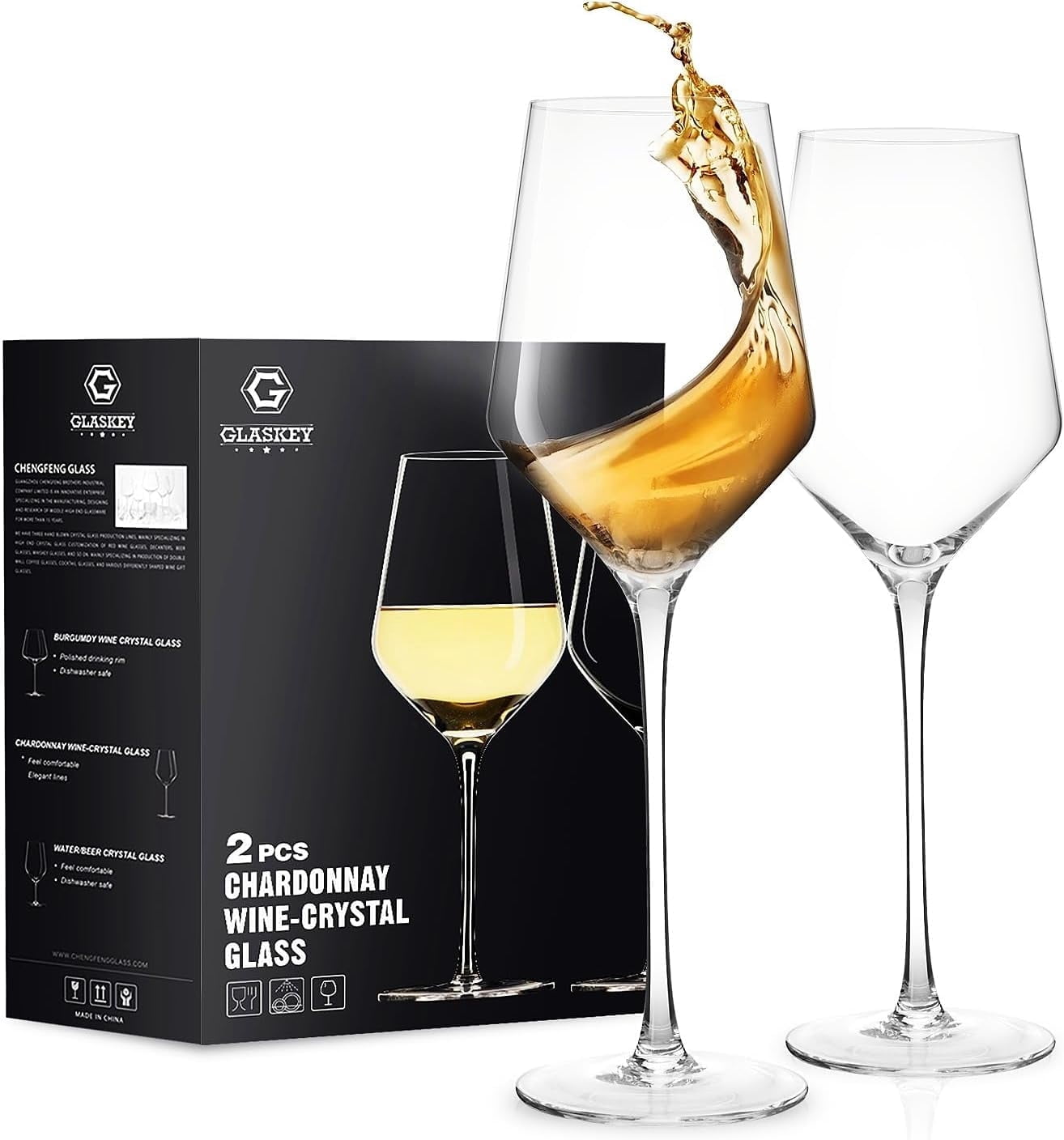 GLASKEY White Wine Glasses Set of 2,Hand Blown Crystal Wine Glasses,15oz Long Stem Chardonnay Wine Glasses for Red and White,Best Gift for Daily Use,Christmas,Wedding,Anniversary or Birthday