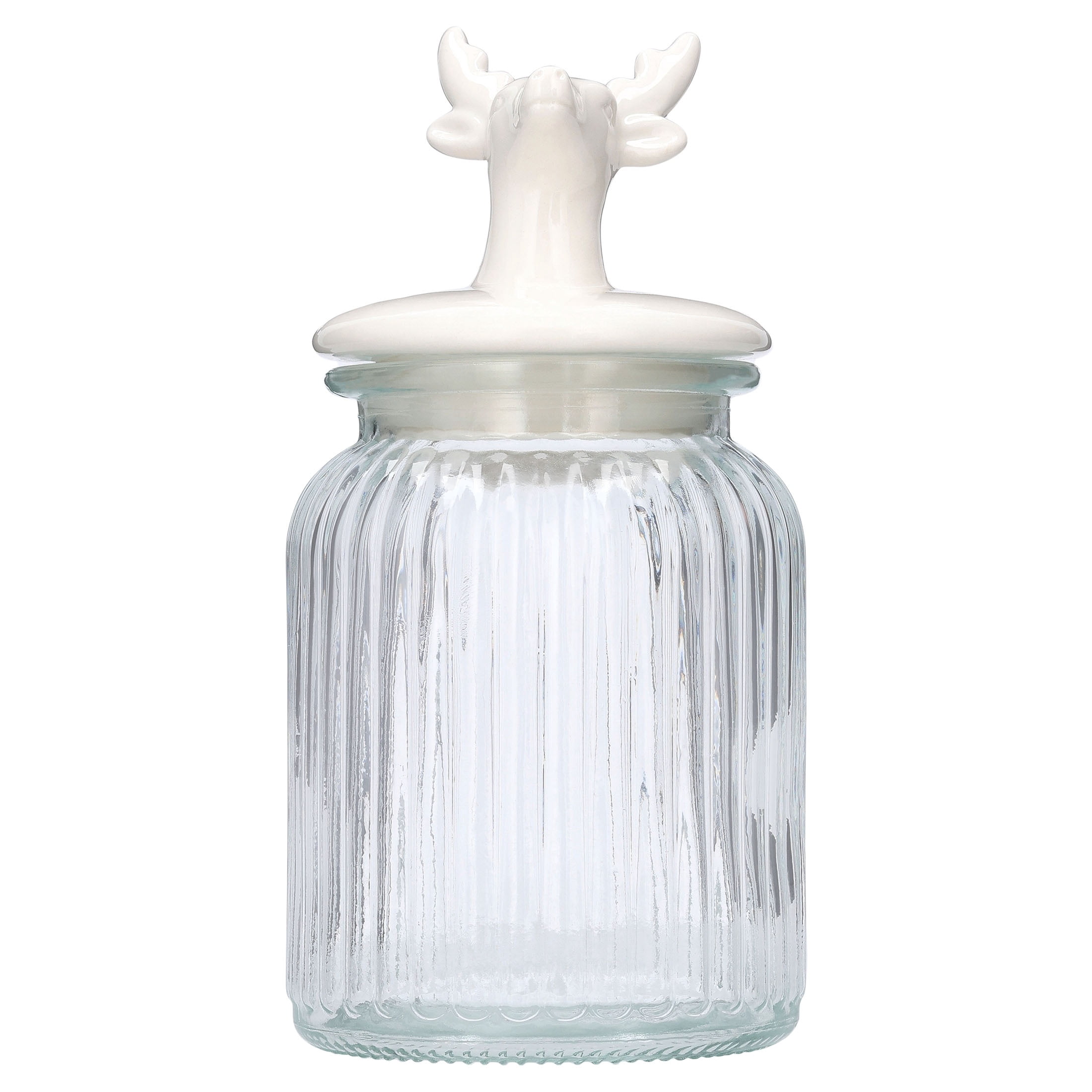 Glass Jar with Ceramic Deer Head Lid Christmas Decoration, Clear and White, 8.8", by Holiday Time