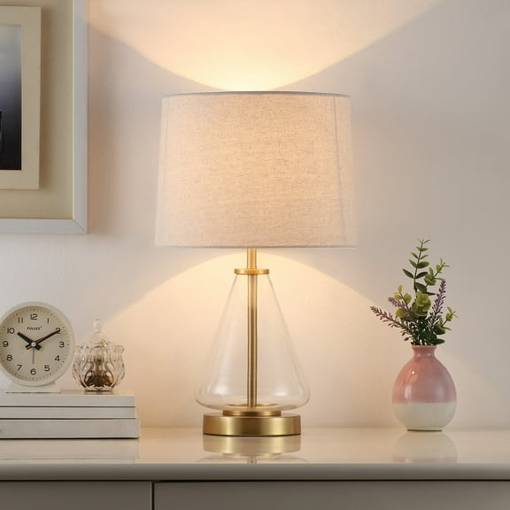 Better Homes & Gardens 18" Clear Glass Table Lamp with Brass Metal Base and Beige Shade