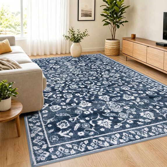 GLATTICE 6x9 Washable Area Rug for Living Room Non-Shedding Bedroom Rug Blue Rugs Non Slip Soft Thin Large Indoor Carpet for Dining Room Home Office, Navy and White