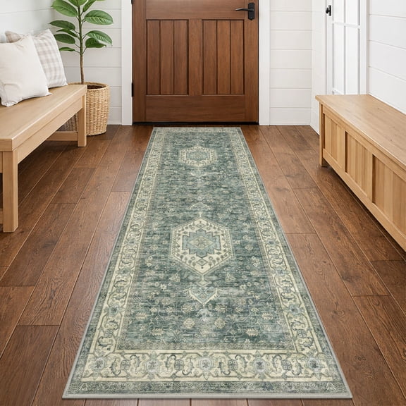 GLATTICE Runner Rug 2x6 Turquoise Vintage Floral Rug Boho Rug Runner Non-Slip Washable Kitchen Runner Soft Printed Retro Flower Carpet Runner for Bedroom Laundry Entryway