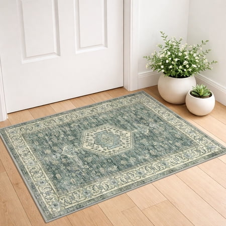 GLATTICE Small Area Rug 2x3 Turquoise Washable Entryway Rug Non-Slip Ultra Soft Printed Oriental Floral Rug Doormat Small Accent Rug Farmhouse Kitchen Throw Rug for Entrance