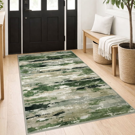 GLATTICE Entry Rug 3x5 Washable Throw Rug with Rubber Backing Abstract Non-Slip Kitchen Rugs Soft Thin Indoor Mat for Entry Front Door Bedroom, Green