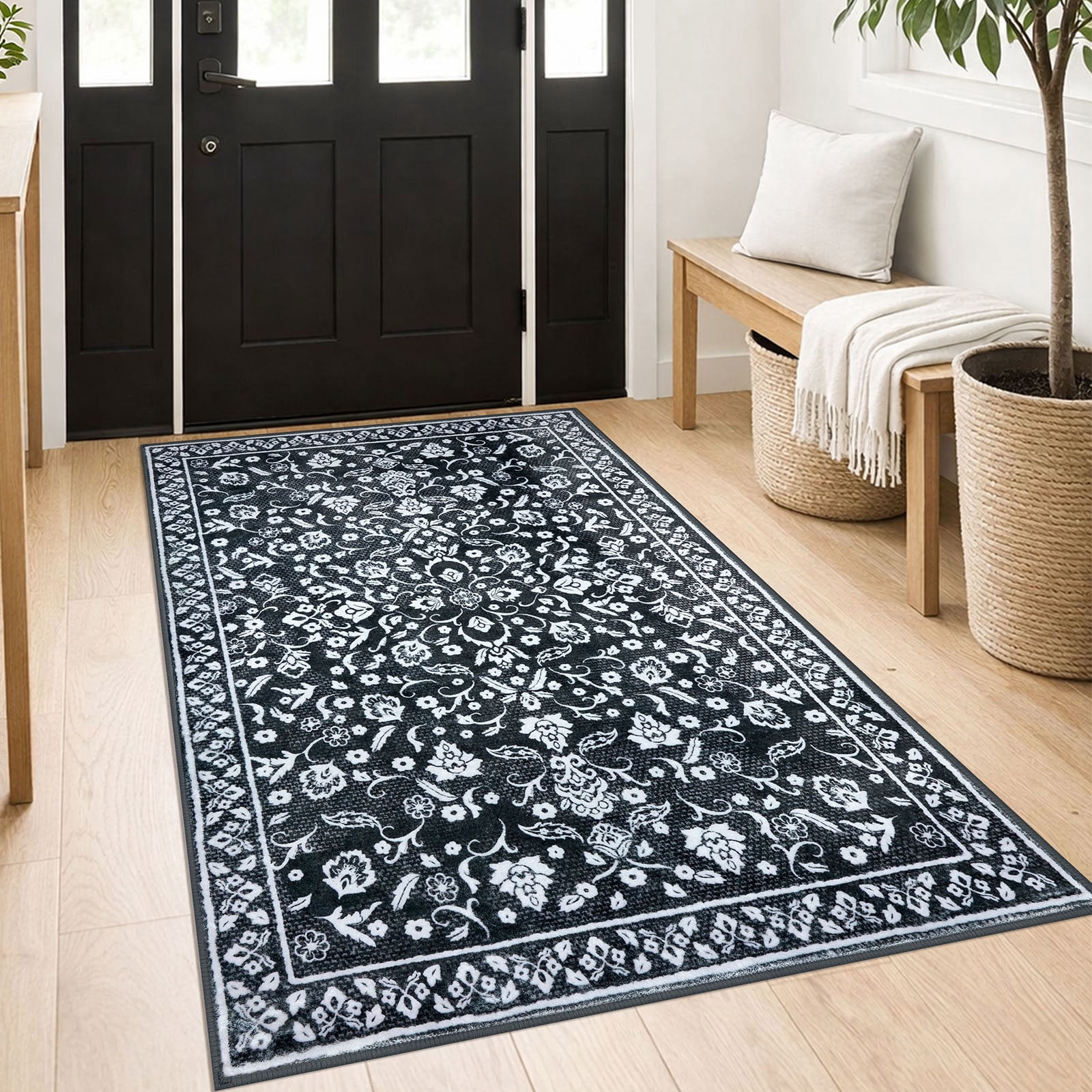 GLATTICE Entryway Rugs 3x5 ft Washable Area Rug Super Soft Rug Non Slip Rubber Backed Entry Rug for Kitchen Bedroom Office Living Room, Charcoal Black White