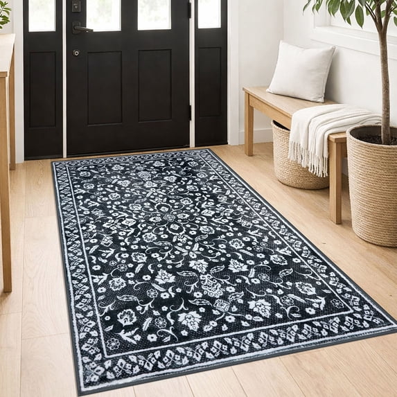 GLATTICE Entryway Rugs 3x5 ft Washable Area Rug Super Soft Rug Non Slip Rubber Backed Entry Rug for Kitchen Bedroom Office Living Room, Charcoal Black White
